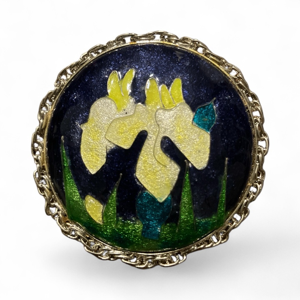 Vintage Iris Lily Botanical Enamel Silver Tone Frame Cloisonné Picture Brooch - Picture 1 of 4